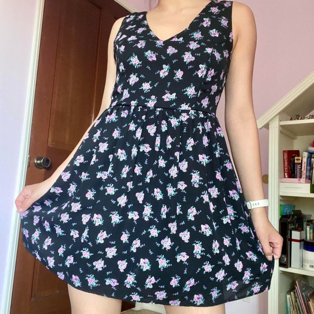 Black Dress with Purple Floral Pattern and Low V-line from Forever 21